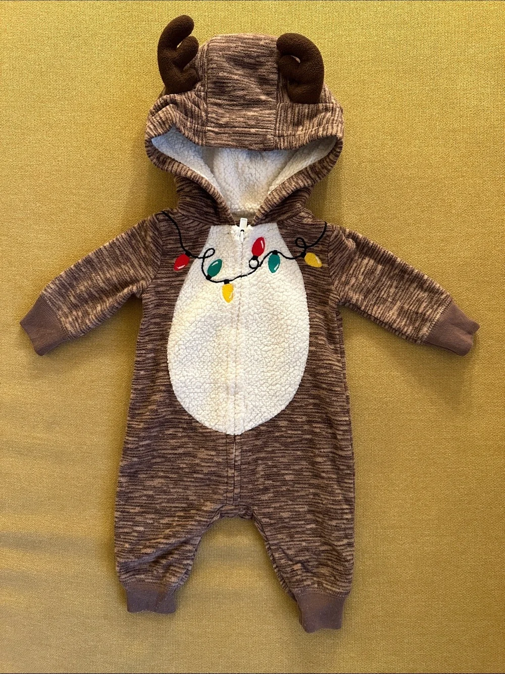Brown Reindeer Hooded Baby One-Piece Footie with Festive Lights